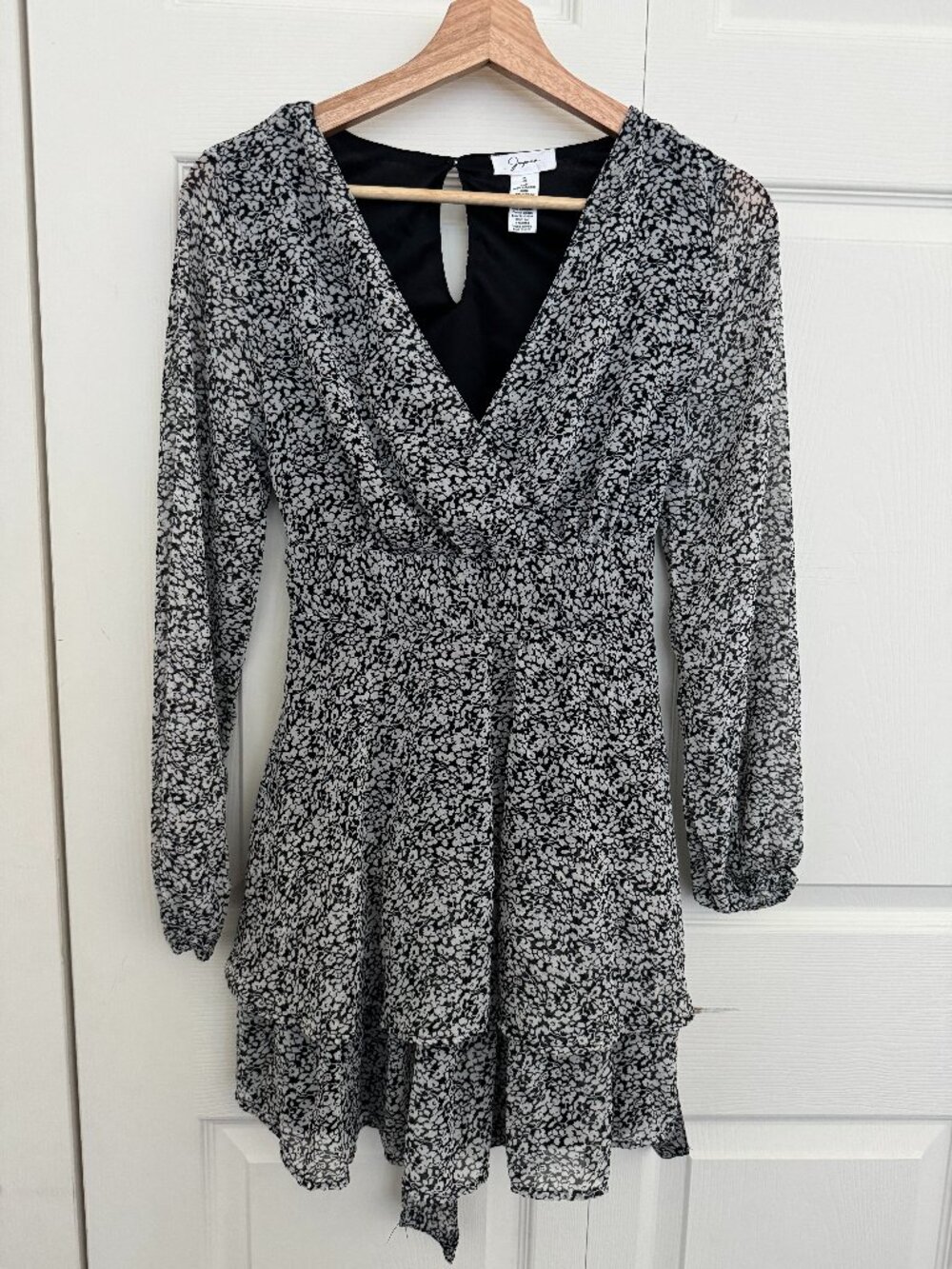 Black White Floral Mini Dress Long Sleeve Wrap Style Size S